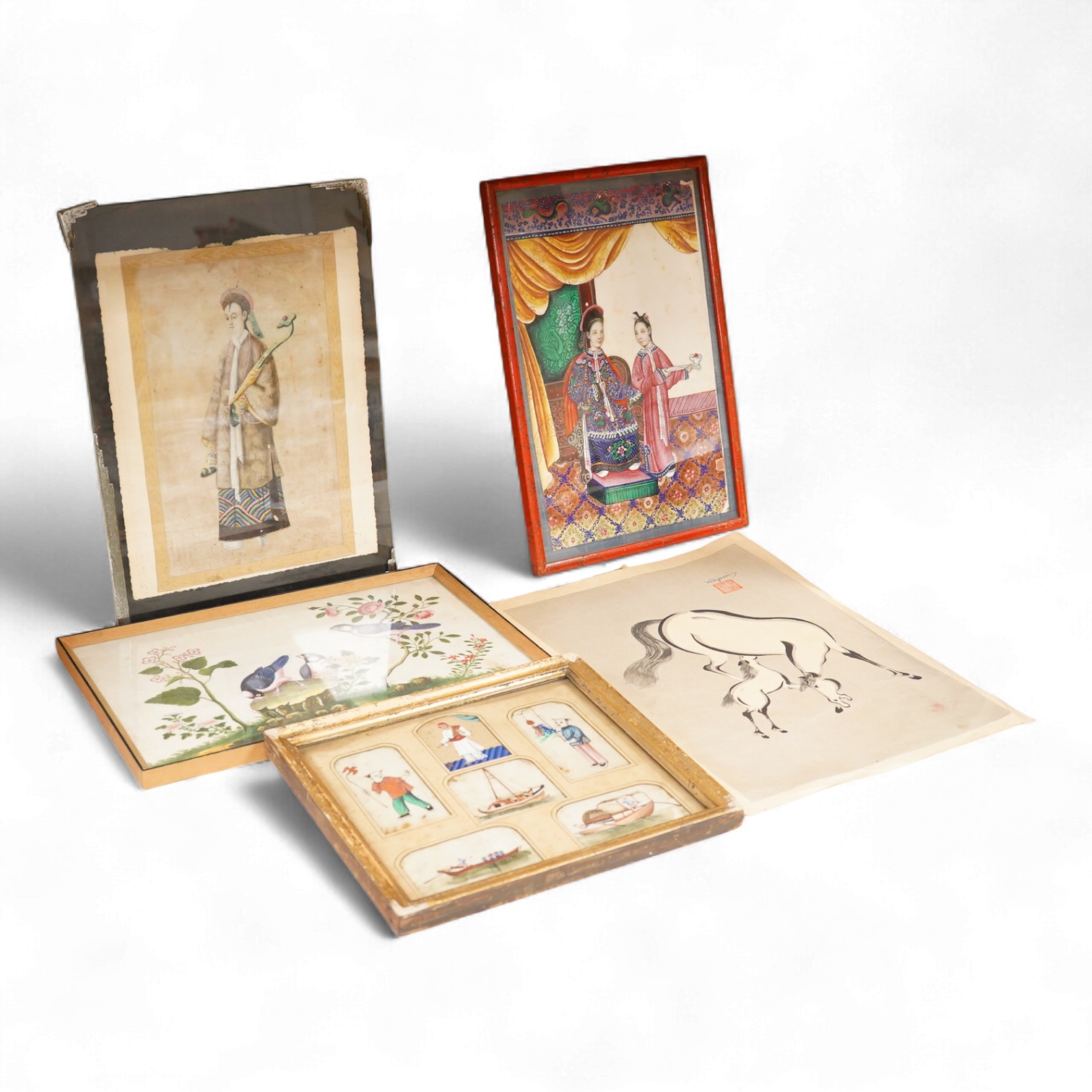 Chinese School, 19th century, Four framed pith paintings of figures boats and birds in landscapes and a Wakyosai woodblock print, largest 38 x 28cm, one unframed